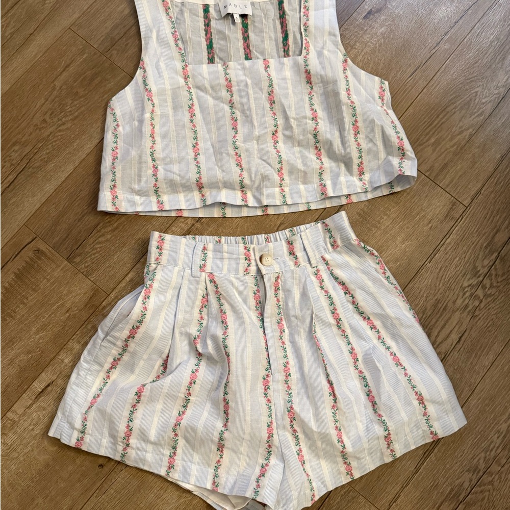 MABLE High Waist Floral Striped Shorts & Crop Top Set - Picture 1 of 5